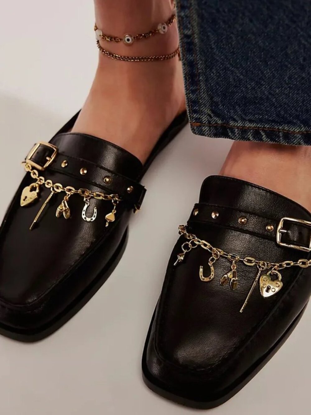 Free People Mystic Treasures Black Leather Gold Charms Mules Womens 7